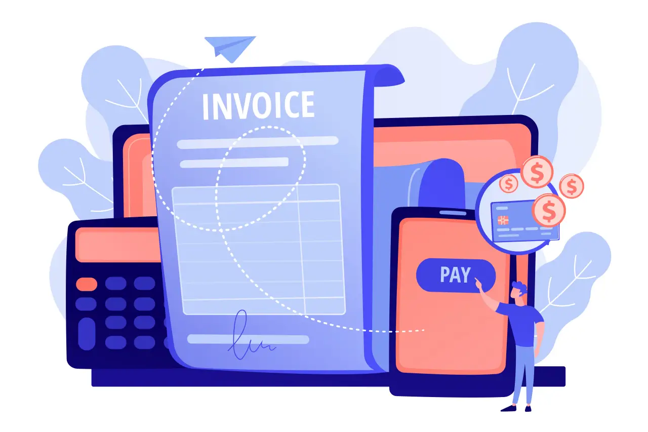 An illustration of digital invoicing and payment processing, featuring a large invoice document, a mobile payment screen, a calculator, and a person interacting with a “Pay” button on the smartphone.