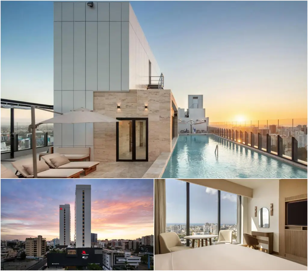 A collage of Santo Domingo Marriott Hotel Piantini, featuring a rooftop pool, city skyline views and modern rooms.