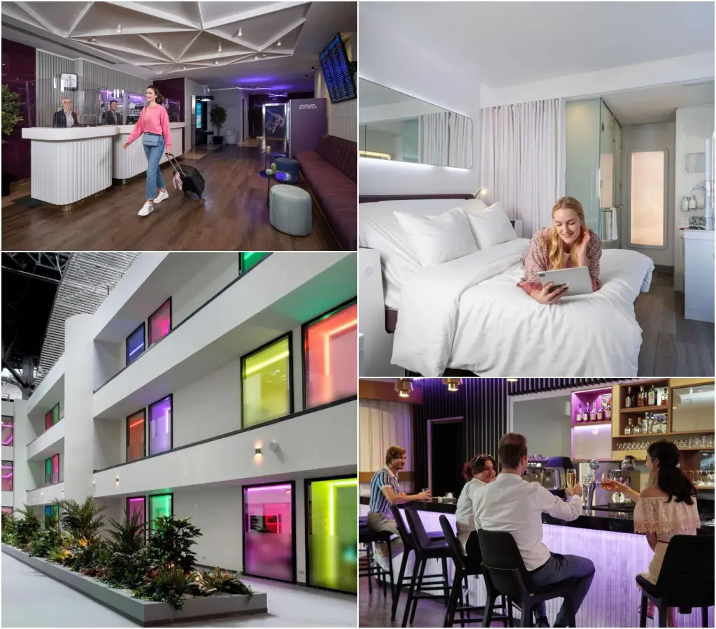 A collage showcasing the modern interior of YOTELAIR Istanbul Airport, including the reception area, cozy hotel rooms, colorful exterior windows, and a chic bar lounge.