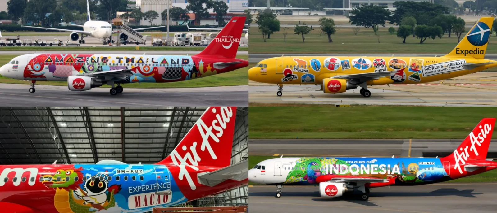 A collage of AirAsia planes featuring vibrant and colorful liveries, each promoting different destinations and partnerships, including “Amazing Thailand,” "Visit Macao", “Expedia,” and “Colours of Indonesia.”