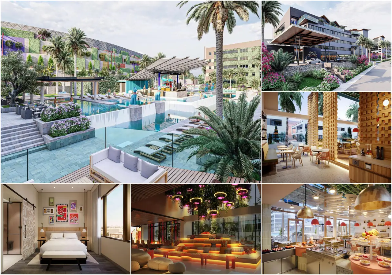 Collage of Hyatt Centric Cairo West showcasing pool, rooms, dining, and lounge areas.