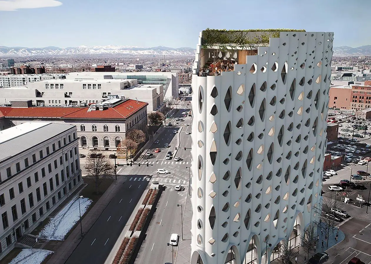 Populus Hotel building in downtown Denver with unique Aspen-inspired facade.