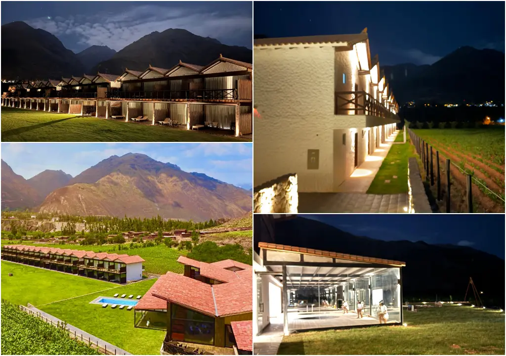 Rustica Urubamba hotel exterior views at night and daytime with Andean mountains in the background.