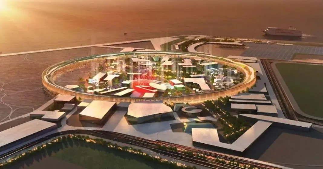 Aerial view of Expo Osaka 2025 main site with a circular design surrounded by the sea.