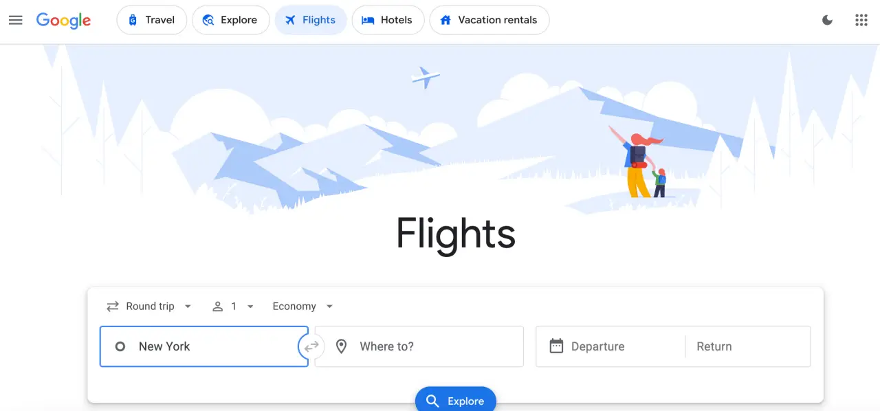 google flights homepage search interface