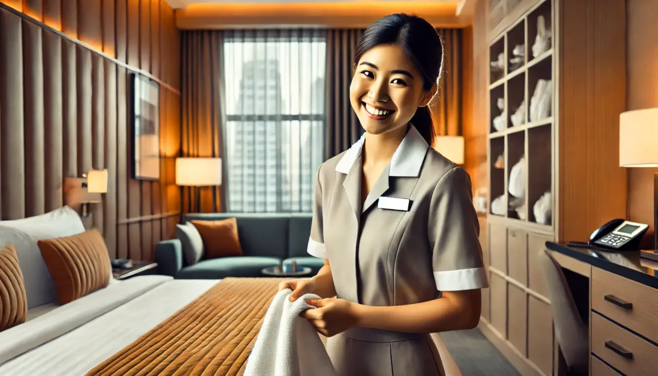 An immigrant woman worker in a professional housekeeping uniform smiling while working in a well-lit hotel room in the USA, representing her contribution to the hospitality industry.