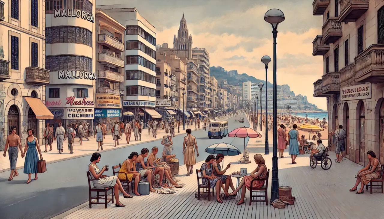 illustration of Mallorca’s social landscape in the 1970s, depicting tourists and economic disparity.