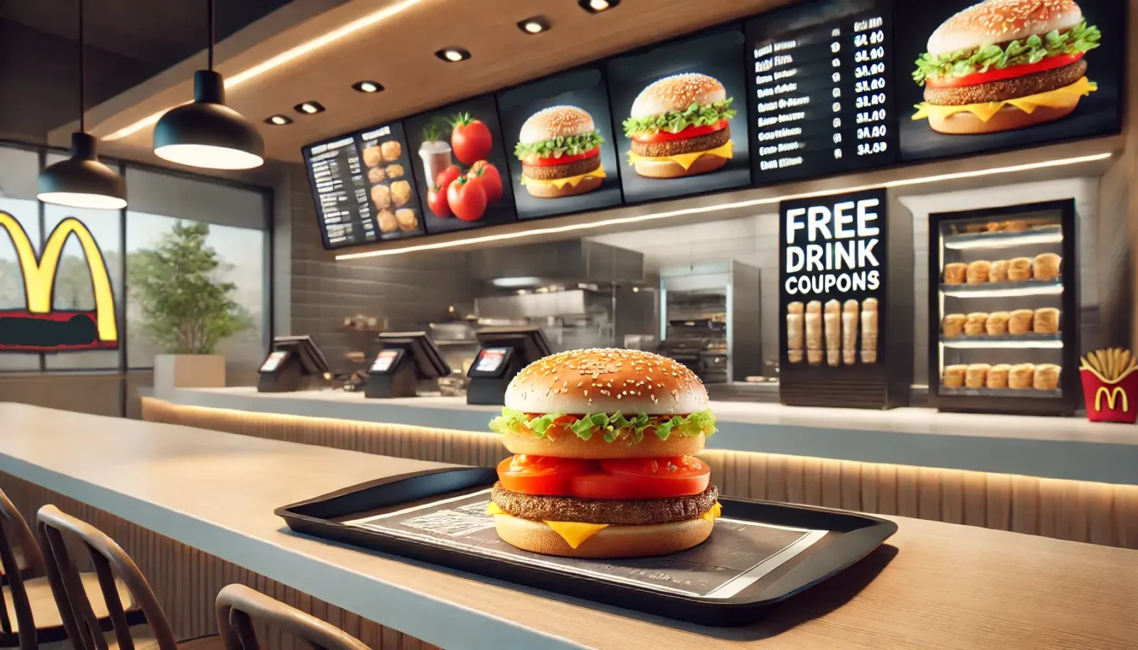 Mcdonald’s Korea Removes Tomatoes From Burgers 2 A tomato-free Big Mac burger on a tray at a McDonald’s counter, with a sign offering free drink coupons.