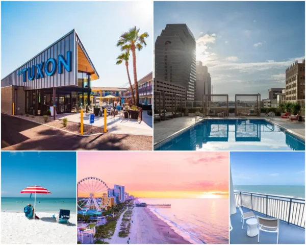 Collage of new IHG Hotels & Resorts properties featuring voco The Tuxon in Tucson, rooftop pool views, and beachfront destinations.