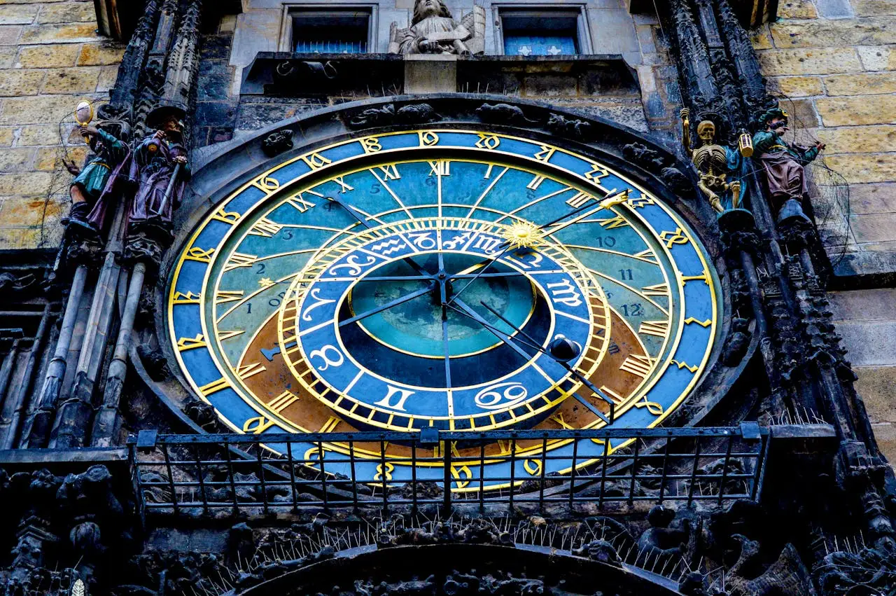 Prague Astronomical Clock featuring intricate zodiac symbols and golden details on a historical tower