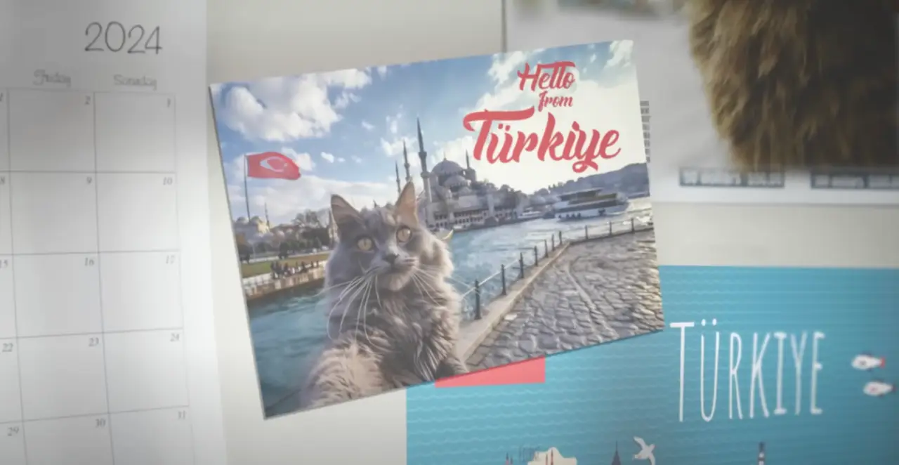 A cat taking a selfie in front of a mosque in Istanbul, featured in a Turkish Airlines promotional video, with the Turkish flag in the background and the postcard reading “Hello from Türkiye.”