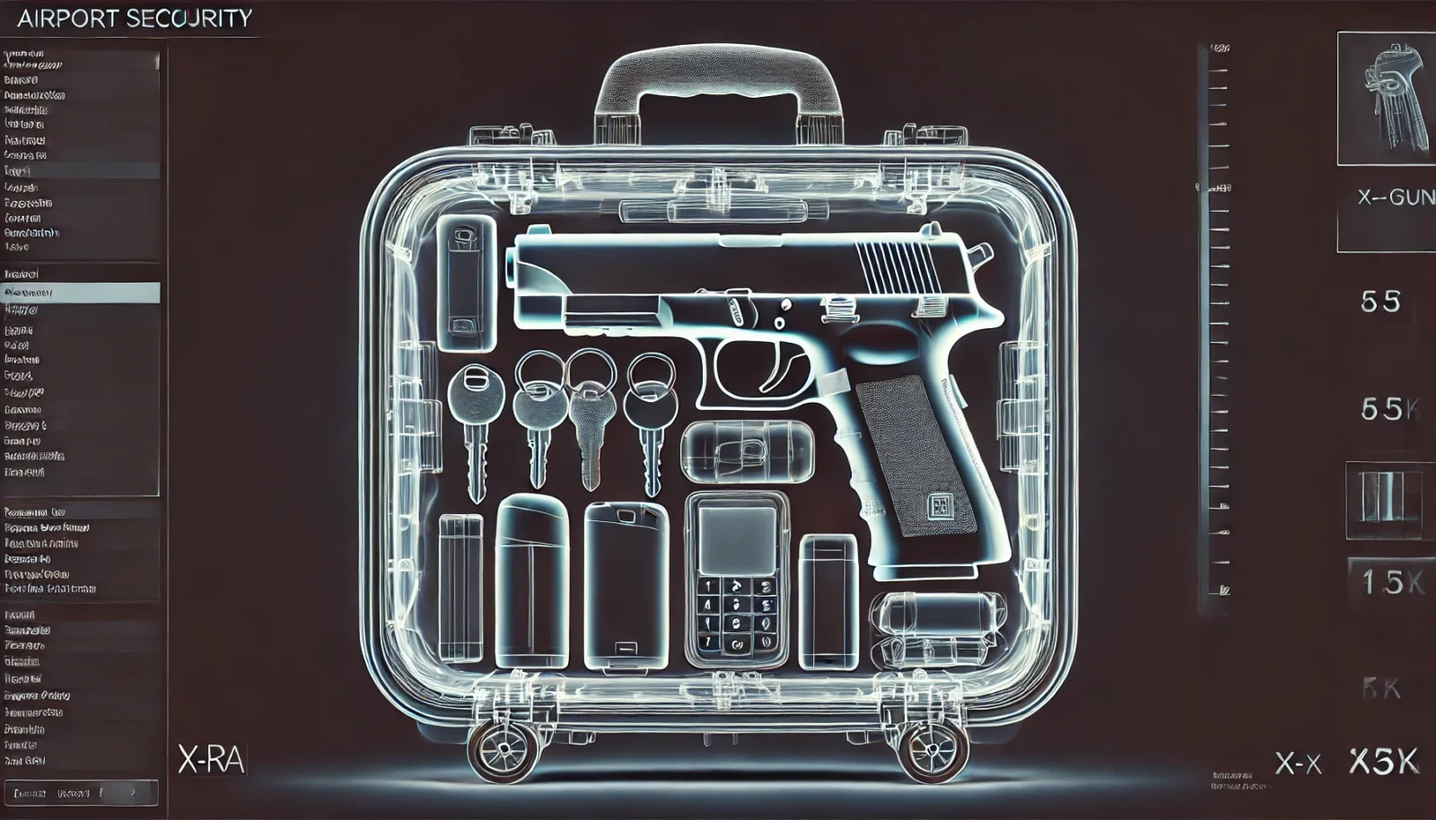 Horizontal x-ray image of a suitcase at an airport security checkpoint, showing internal contents, including a proportionately smaller handgun, keys, and small electronic devices.