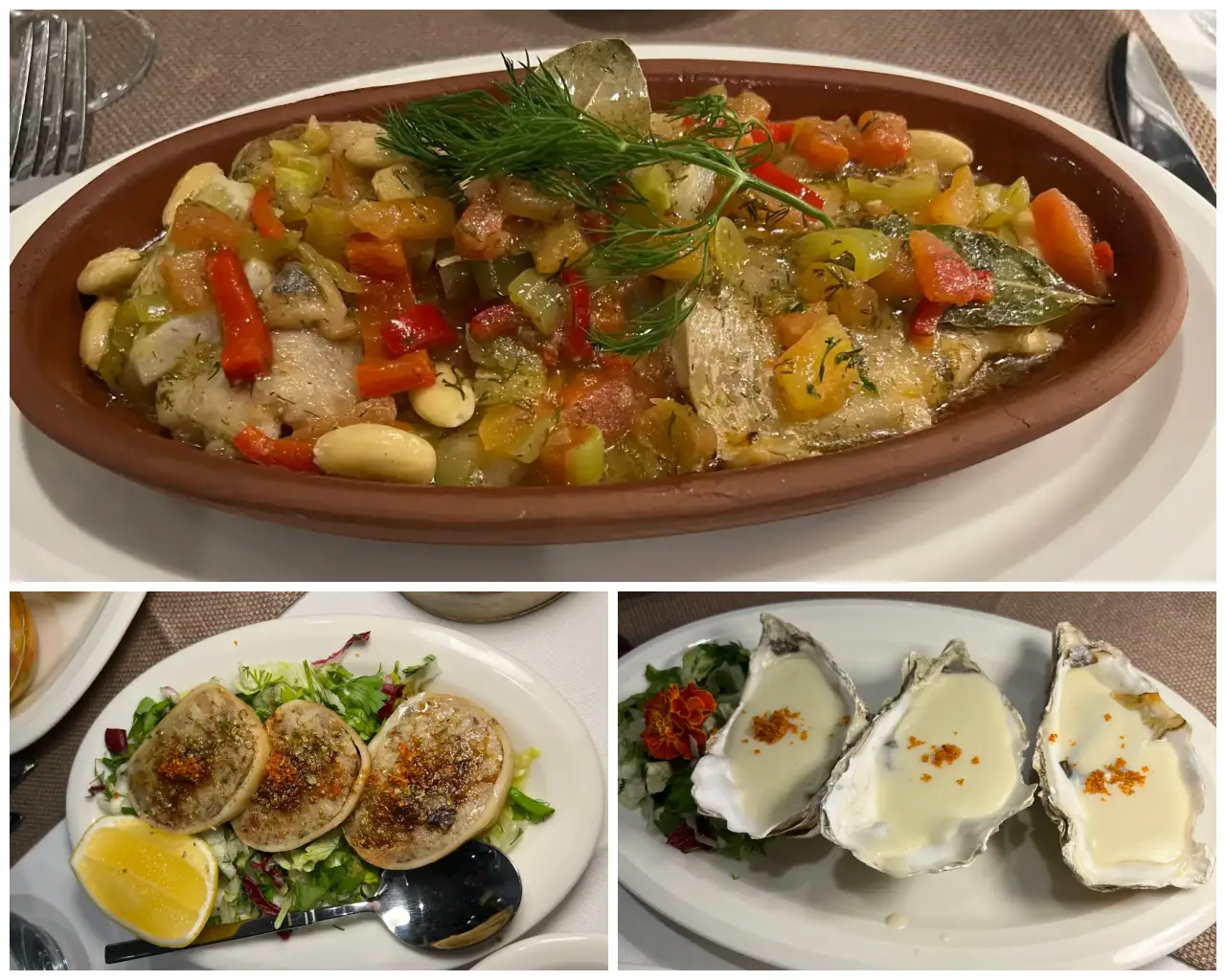 What Did Sultans Eat? Explore Ottoman Seafood Secrets At Matbah Restaurant Istanbul 2 A collage showcasing dishes from Ottoman Palace Cuisine, including a vibrant casserole of sea bass with almonds and vegetables, delicately prepared stuffed calamari served on a fresh bed of greens with lemon, and creamy baked oysters garnished with spices, all presented elegantly to highlight the rich culinary traditions of the Ottoman era.