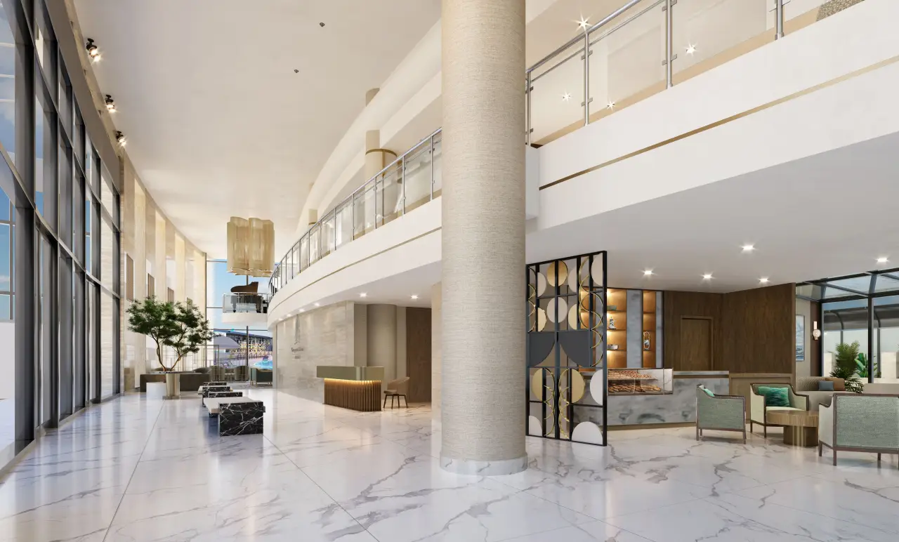 Elegant lobby rendering of Signia by Hilton Amman with modern decor and marble flooring