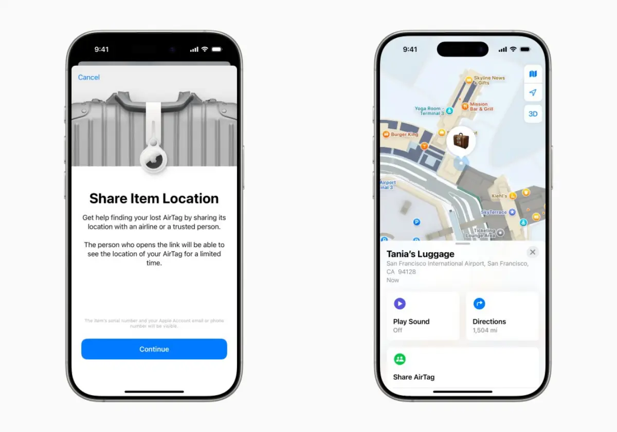 Two iPhone screens displaying Apple’s Share Item Location feature for AirTags.