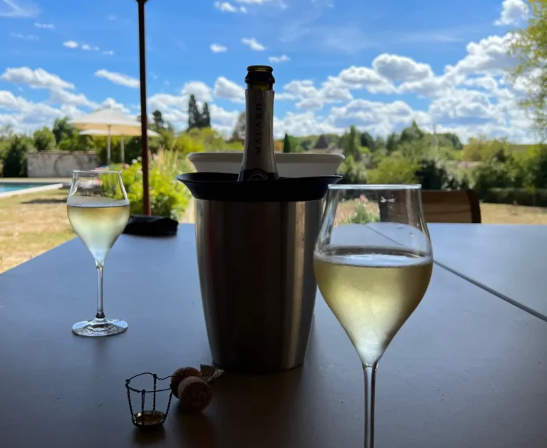 A bottle of Malard champagne in an ice bucket surrounded by two glasses of chilled champagne on an outdoor table at Château Le Sèpe. The serene backdrop includes a lush green garden, a swimming pool, and a bright blue sky in Sainte-Radegonde, Nouvelle-Aquitaine, France.