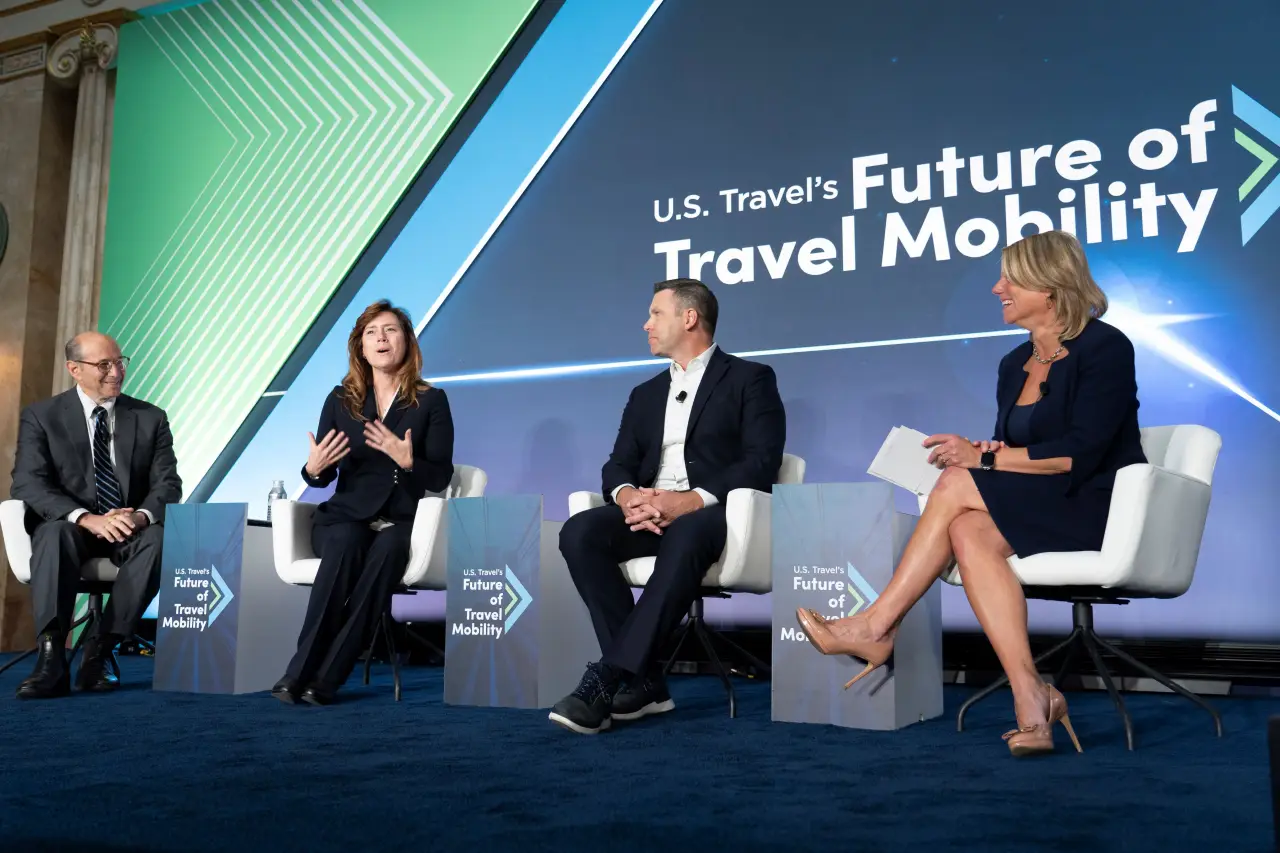 Panelists at the U.S. Travel Association’s Future of Travel Mobility conference discussing advancements in travel security and mobility innovation.