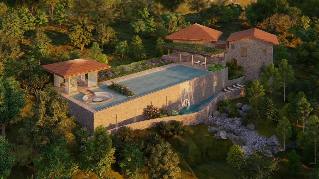 A rendering of Hotel La Compañía del Valle in El Valle de Anton, Panama, featuring an infinity pool, lush gardens, and Tuscan-inspired architecture.