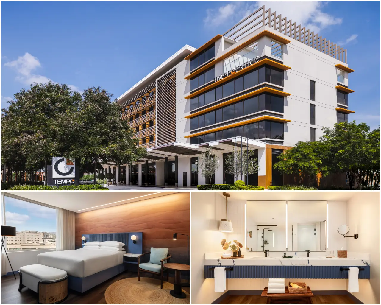 A collage of Hyatt Centric San José Escazú featuring the modern hotel exterior at Plaza Tempo, a stylish guest room with city views, and a sleek bathroom with contemporary design.