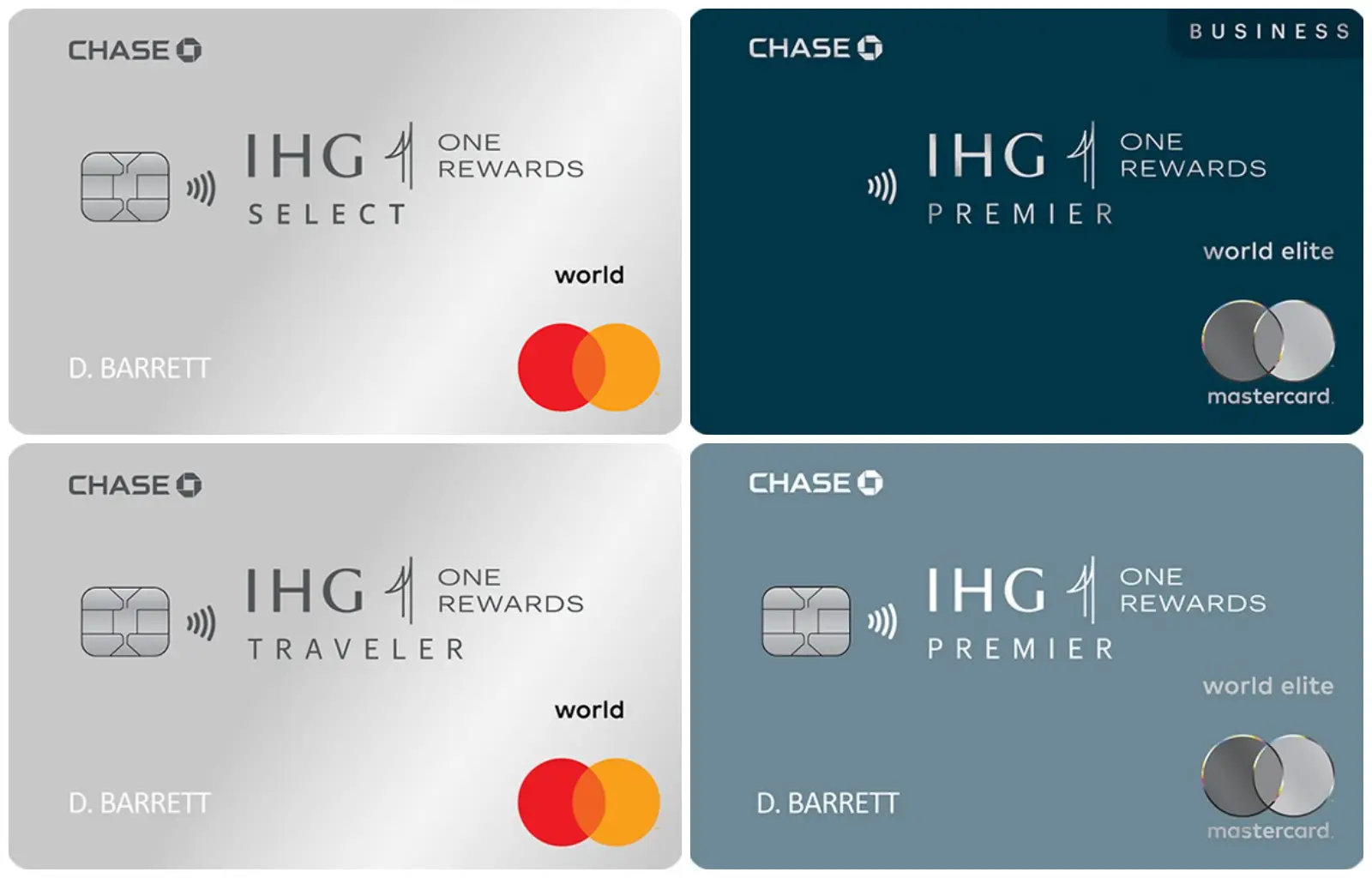 A collage of IHG credit cards, including IHG One Rewards Select, Premier, Traveler, and Business cards issued by Chase.