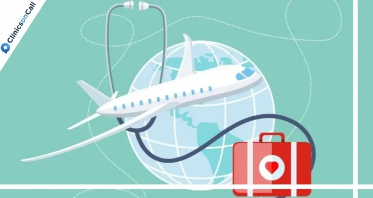 Illustration of a globe, airplane, and medical bag with a stethoscope, representing medical tourism.