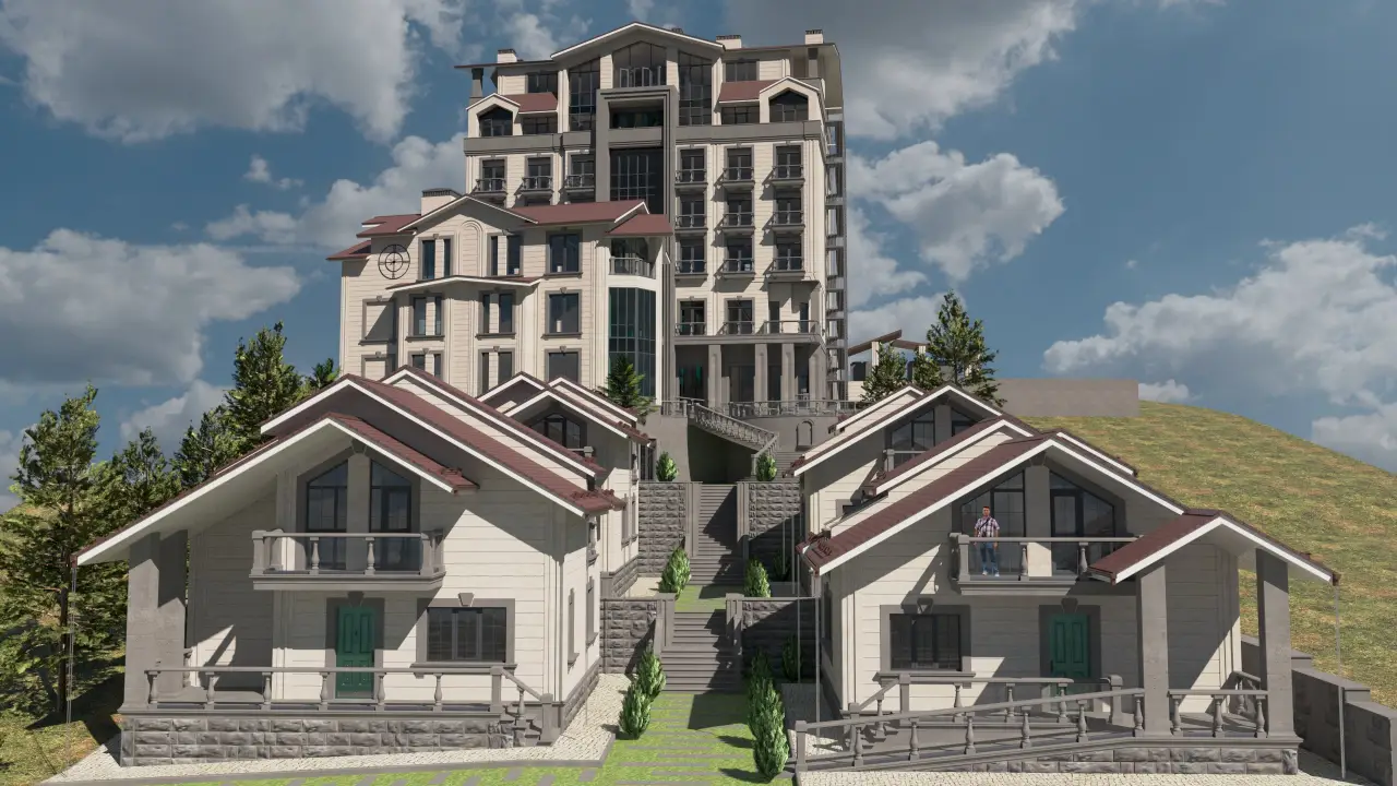 Architectural rendering of the Mercure Tsaghkadzor Hotel, showcasing a multi-story main building surrounded by charming villas against a mountainous backdrop.