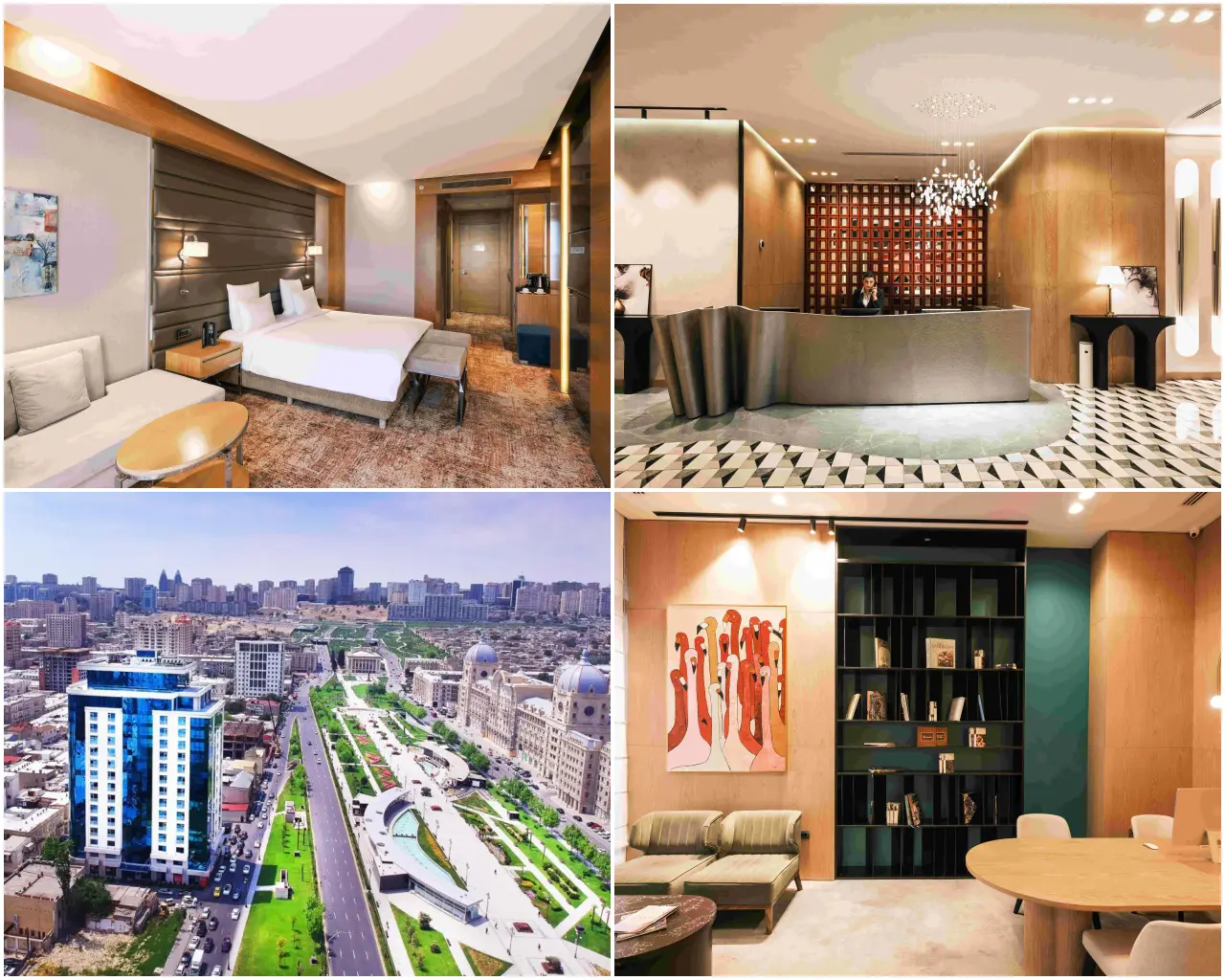 Collage showcasing Mövenpick Hotel Winter Park Baku: a luxurious room, elegant reception area, a cityscape view of Baku, and a cozy lounge.
