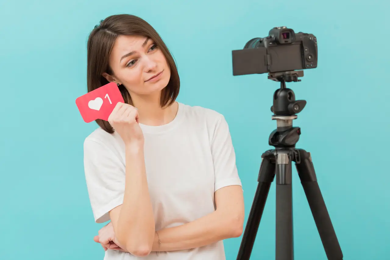 woman holding like icon recording blog