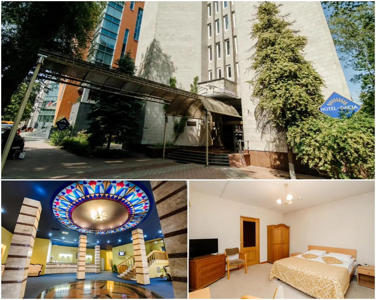 A collage showcasing the Dacia Hotel in Chisinau, including its exterior, grand lobby with a colorful ceiling design, and a cozy guest room.