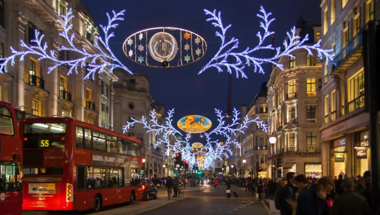 Luxury Travel 14 Regent Street in London beautifully decorated with Christmas lights during Black Friday weekend, bustling with shoppers and iconic red double-decker buses.