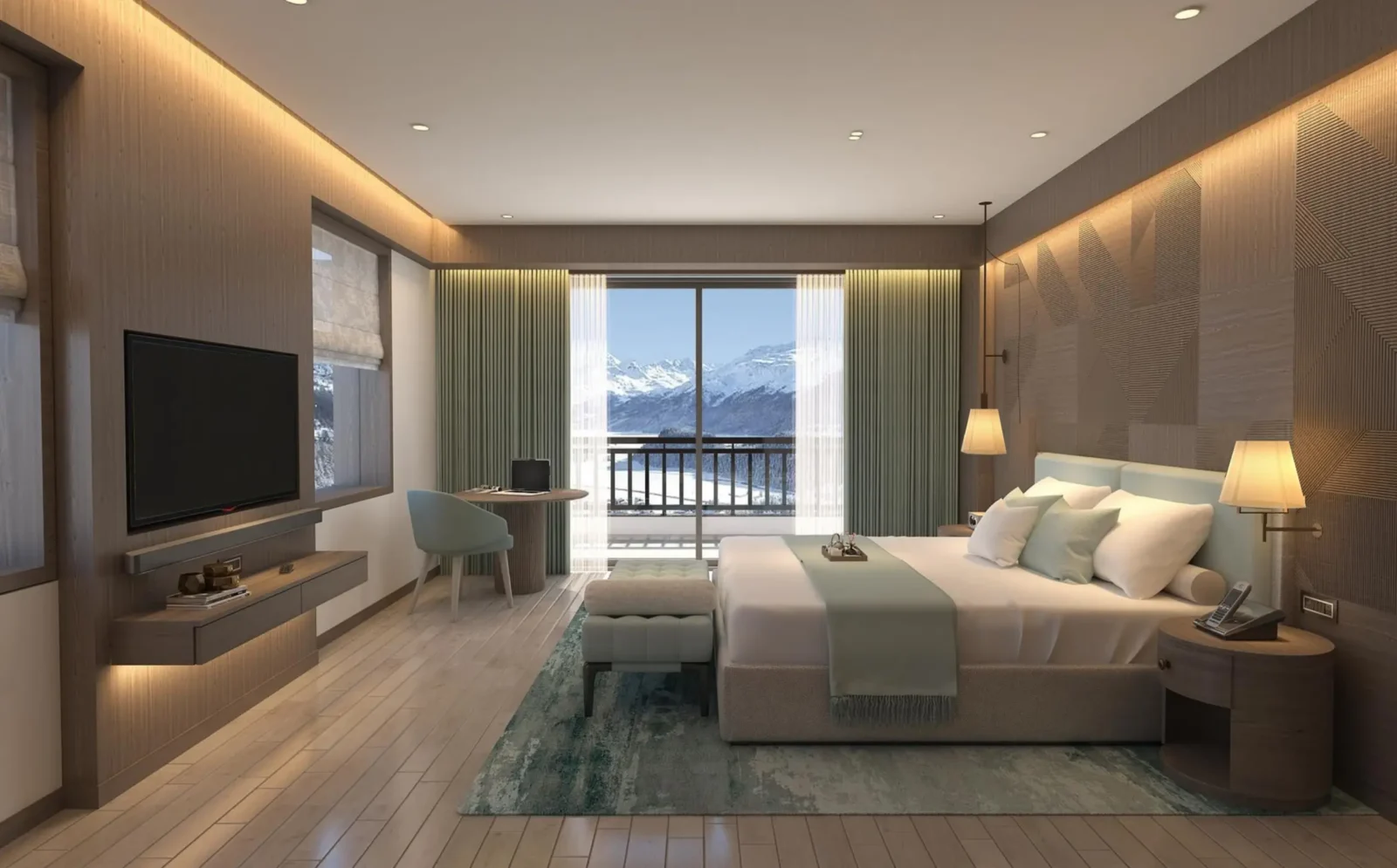 Dusit Unveils Two New Hotels In Thailand And India 11 A luxurious hotel guest room featuring a modern design, a large bed with light blue accents, and a balcony overlooking the snow-capped Himalayan mountains.