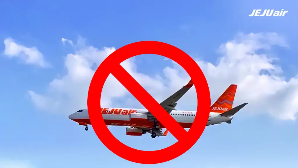 Thousands Cancel Flights After Deadly Jeju Air Crash In South Korea 2 Jeju Air Boeing 737-800 in flight with a red “no symbol” overlay, indicating cancellations or suspensions.