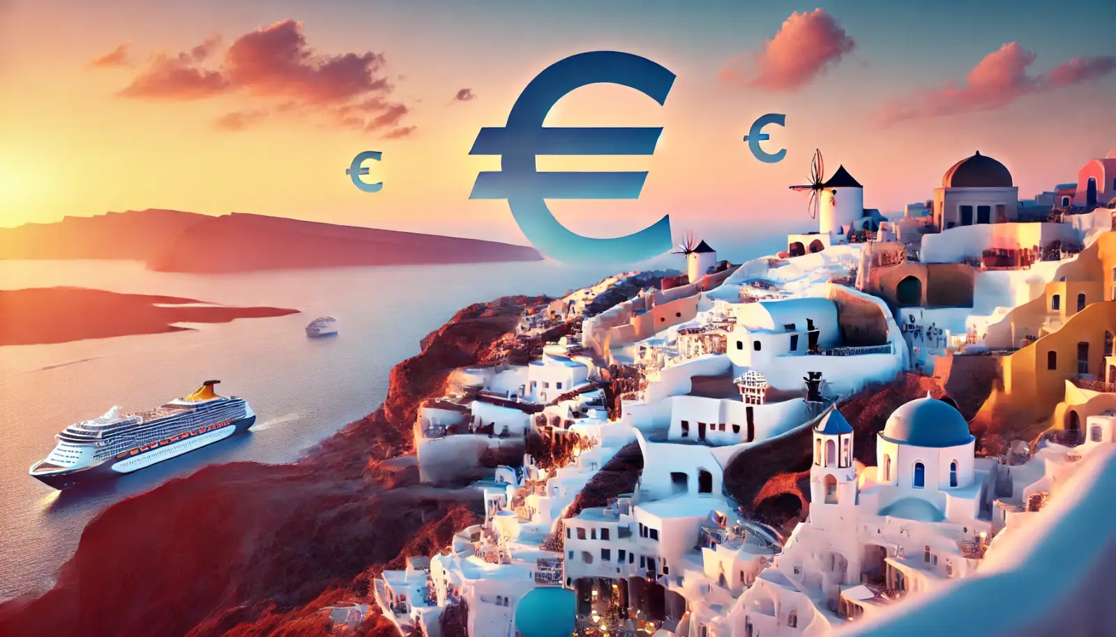 Santorini, Greece, at sunset: white buildings, cruise ships, and euro symbols in the sky representing tourist taxes.