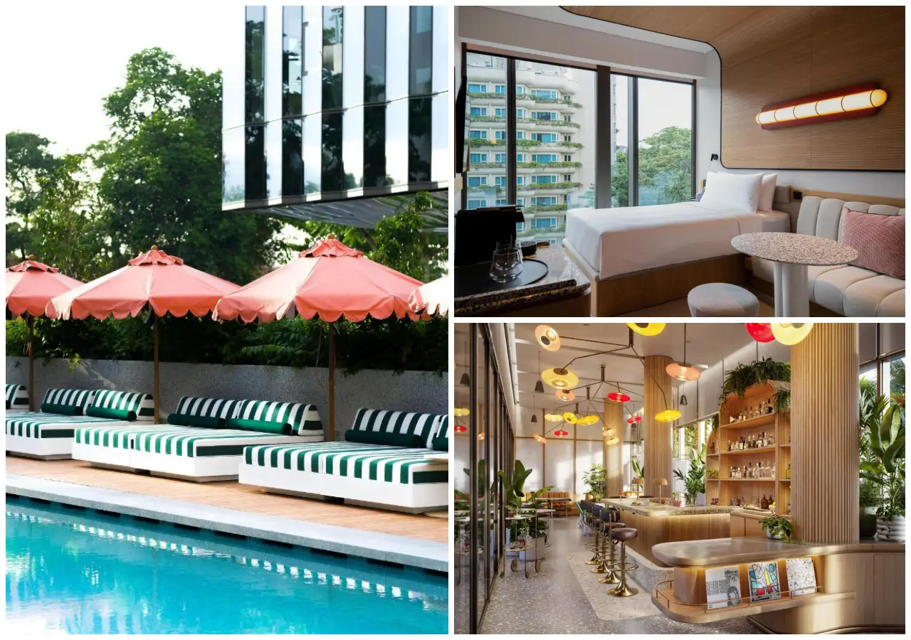 The Standard, Singapore Opens: A Stylish Hotel In The Heart Of The City 2 Collage of The Standard, Singapore featuring a rooftop pool with green and white striped loungers, a modern hotel room with large windows, and a chic bar with vibrant lighting and lush decor.