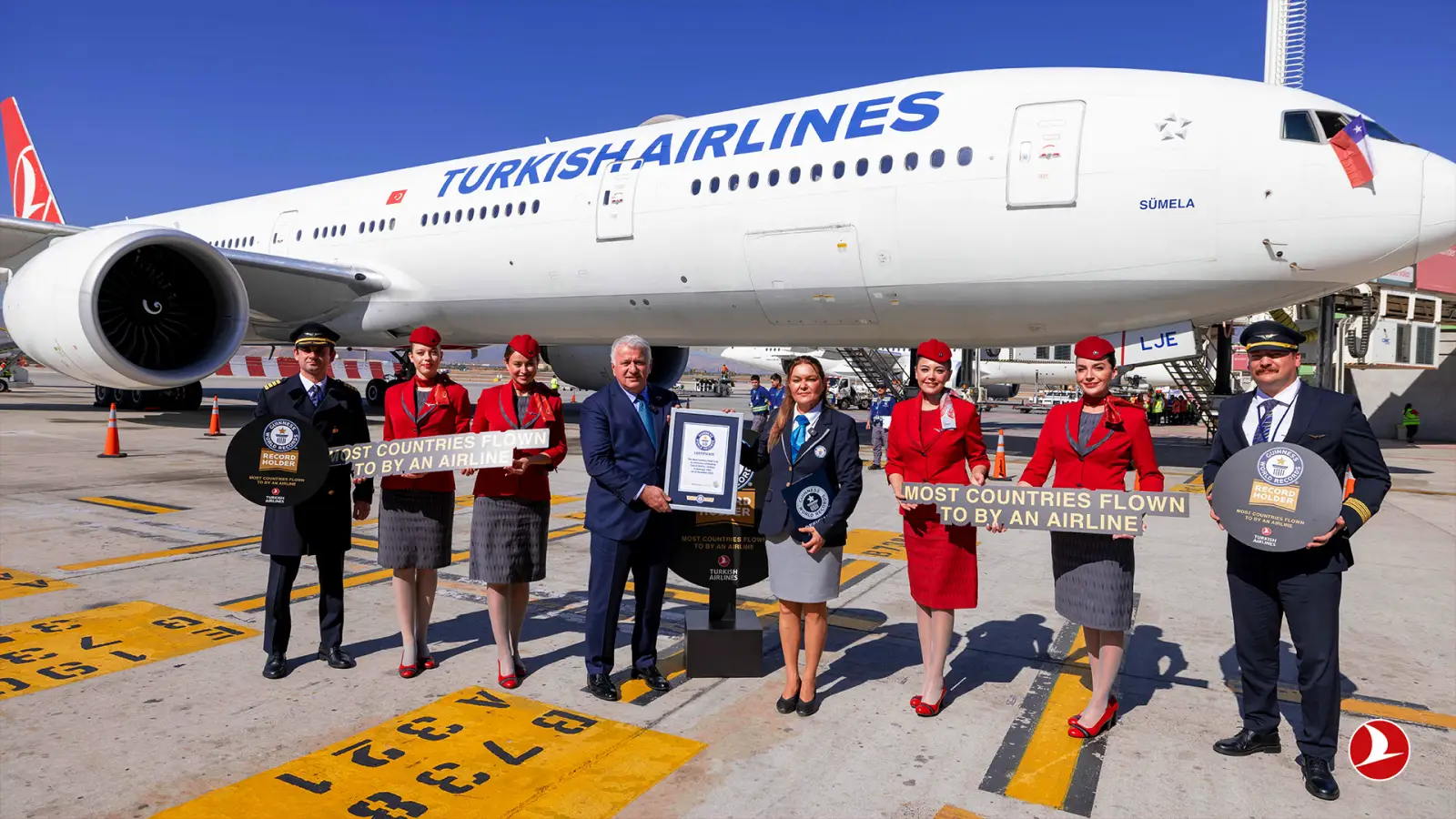 Turkish Airlines team posing with Guinness World Record certificate in front of aircraft.