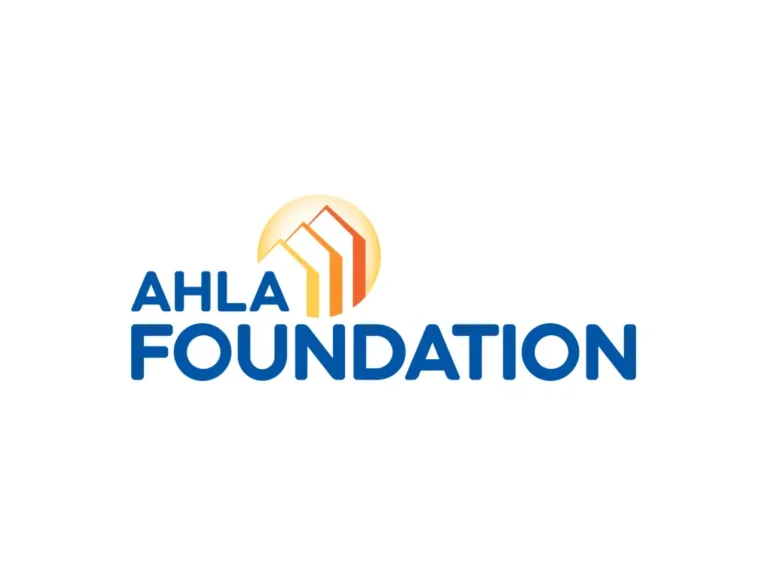 Logo of the AHLA Foundation, featuring blue text and an orange stylized roof design above the word ‘Foundation.