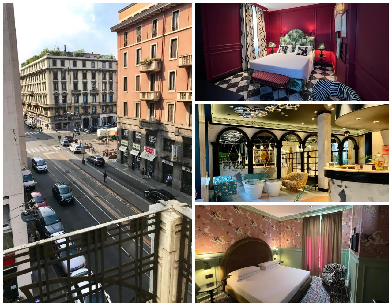 Collage of Casual Eclettico Milano showing an exterior street view, eclectic hotel interiors, and stylish rooms.