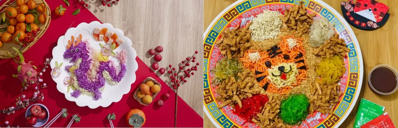 Two creative yee sang platters designed for the Year of the Dragon and Year of the Tiger.