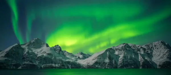 The Northern Lights glowing in vivid green over snow-covered mountains and a calm fjord in Tromsø, Norway.