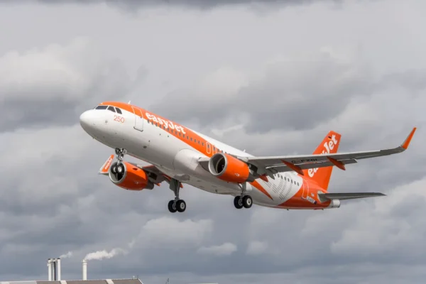 An easyJet Airbus aircraft mid-flight