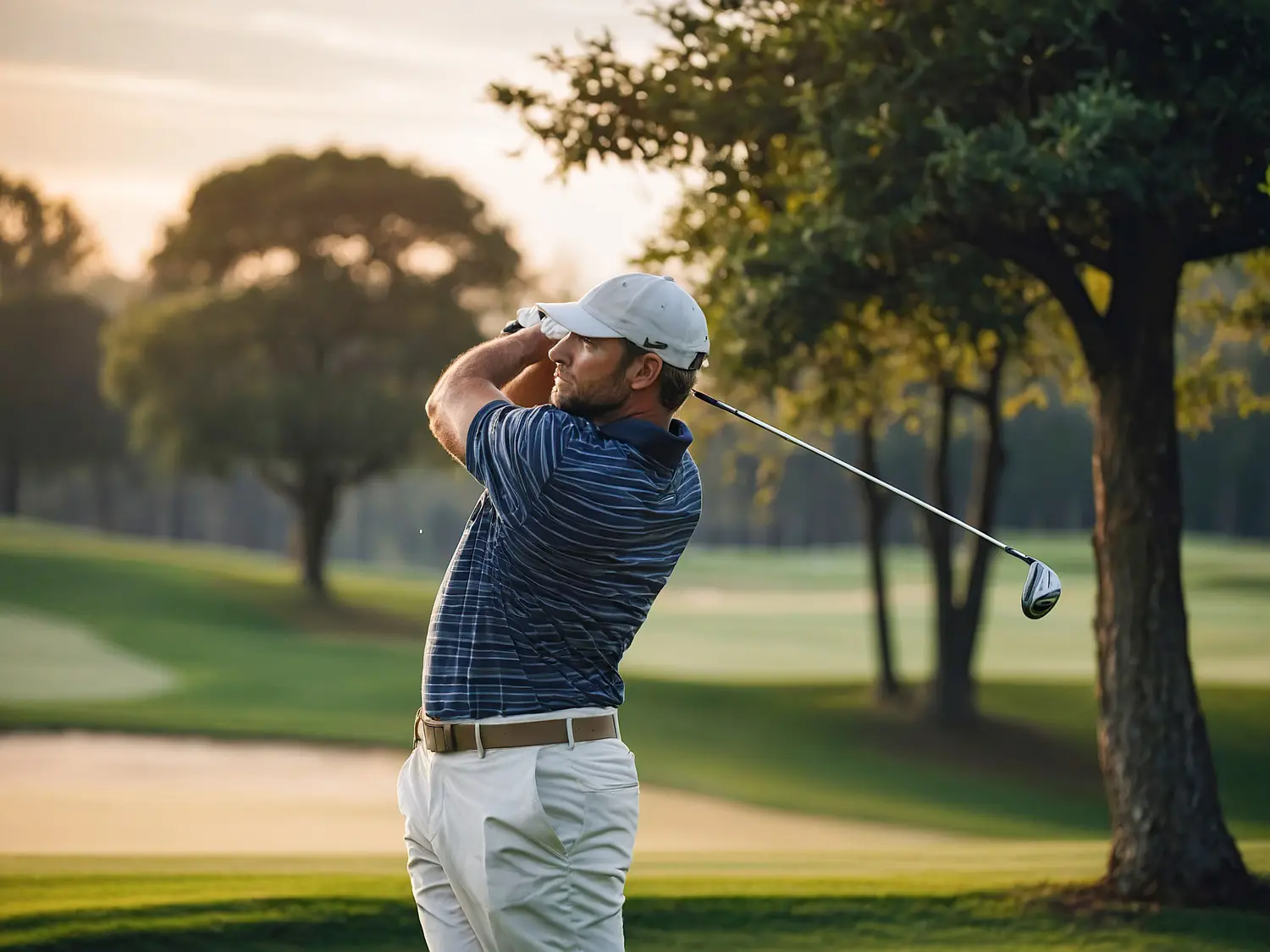 Golf Club Drawing: A Thoughtful Gift For Avid Golfers 2 A golfer in a blue shirt swings a club on a lush golf course during sunset, capturing the beauty and precision of the sport.