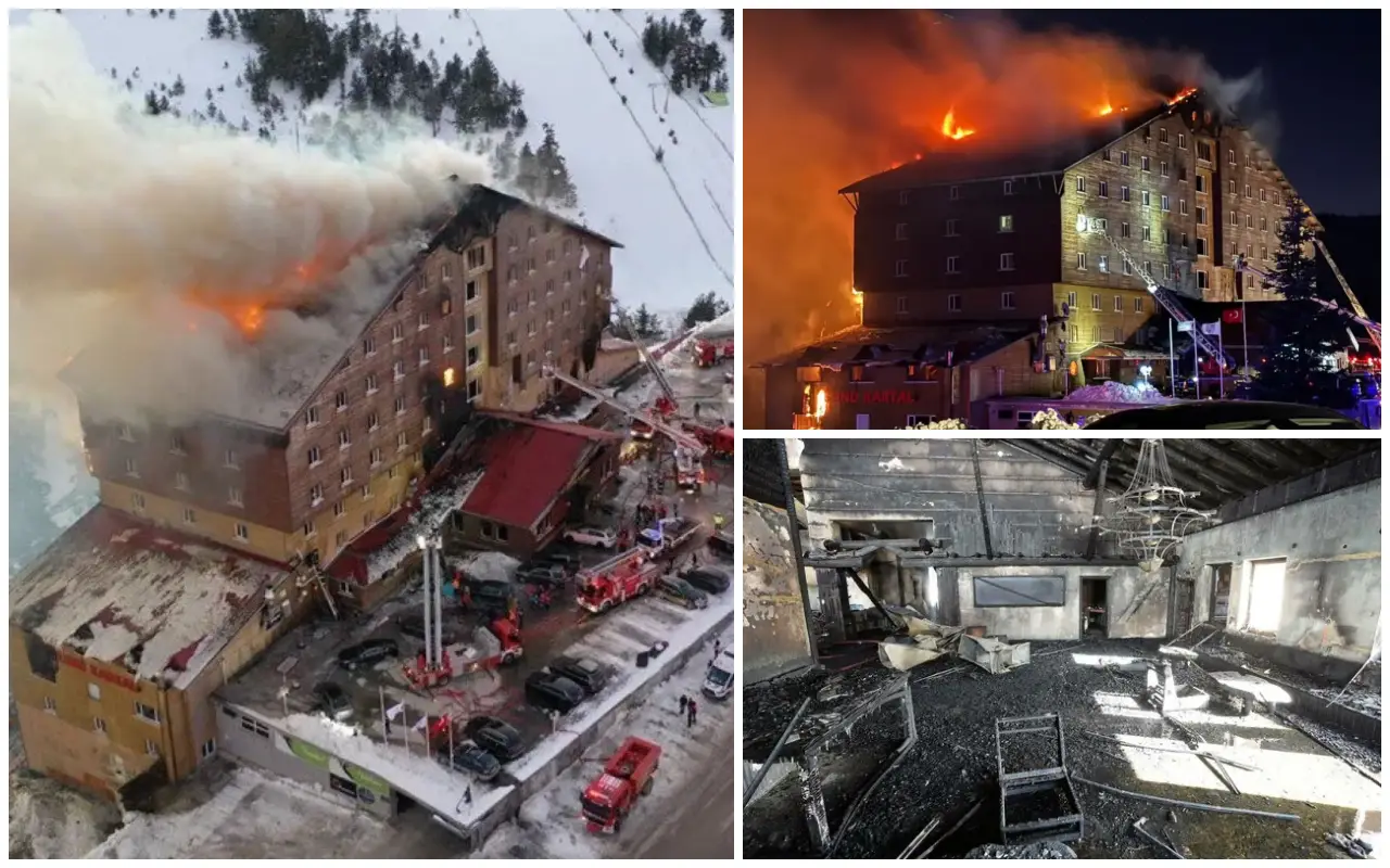 Death Toll In Kartalkaya Hotel Fire Rises To 76, Turkey In Mourning 2 Collage of images showing the Grand Kartal Hotel fire at Kartalkaya Ski Resort in Türkiye, with firefighters battling flames and the aftermath of the destroyed interior.