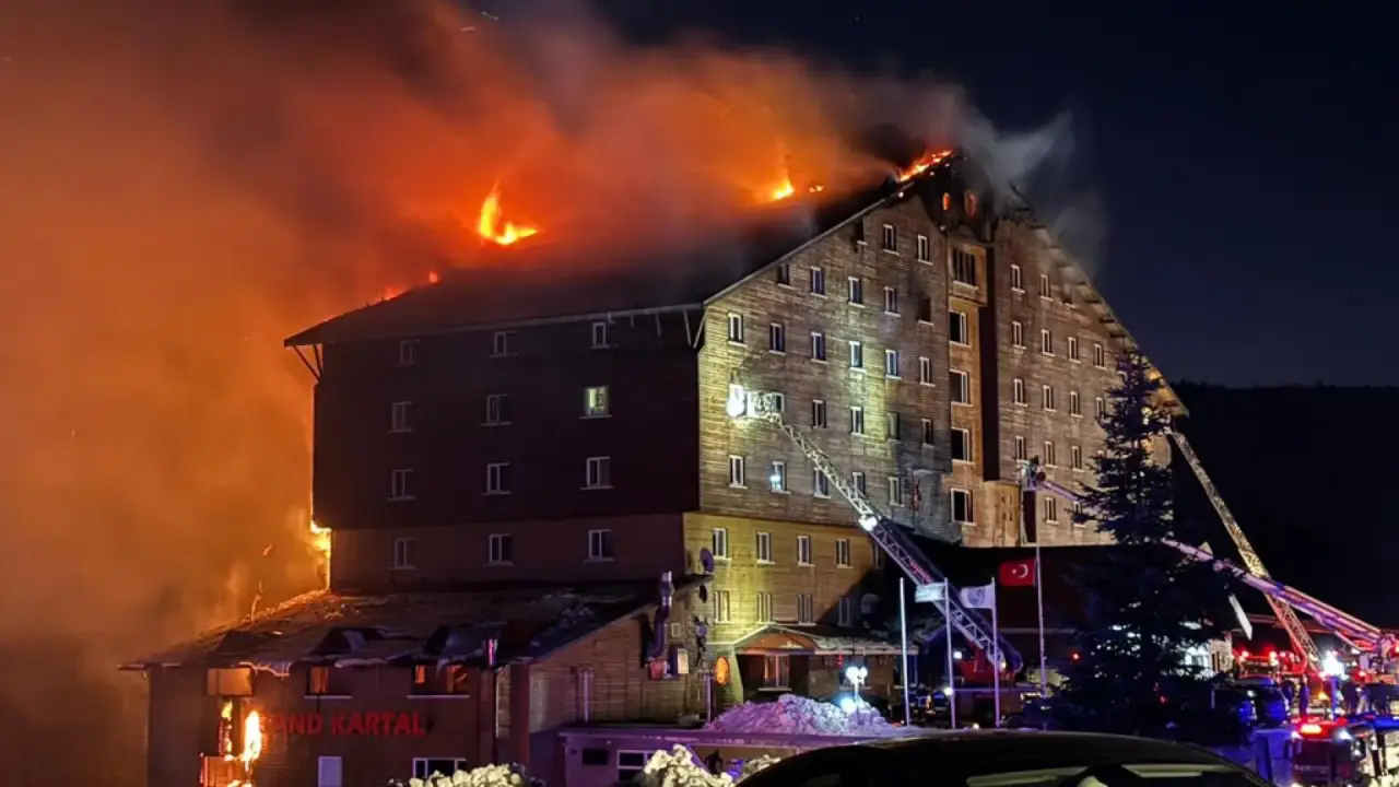 Turkey’s Ski Resort Hotel Fire Leaves 66 Dead, 51 Injured 2 Nighttime image of the Grand Kartal Hotel in Türkiye engulfed in flames during a massive fire, with firefighters and rescue equipment at the scene