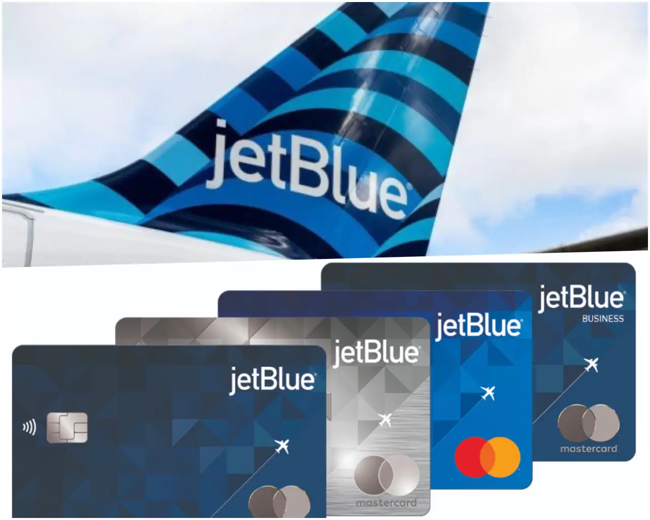JetBlue aircraft tail with a lineup of JetBlue credit cards, including personal and business Mastercard options.