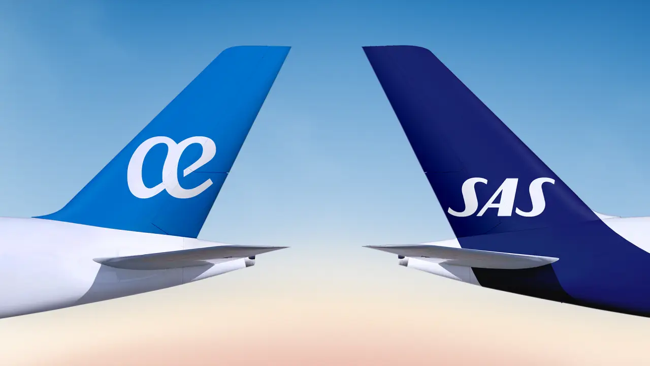 Tail fins of SAS and Air Europa aircraft side by side against a clear sky.