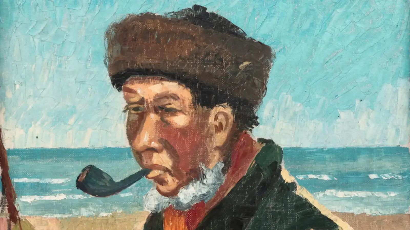 Could This $50 Garage Sale Find Be A Van Gogh Painting? 2 Close-up of the painting Elimar, depicting an elderly fisherman smoking a pipe with a coastal background.