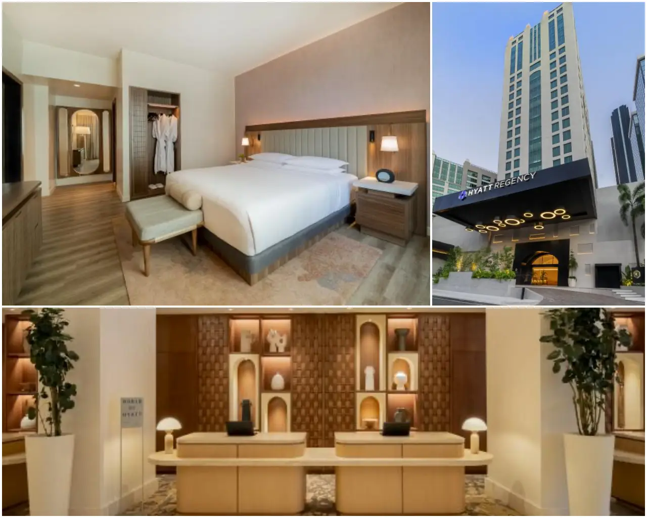 Collage of Hyatt Regency Panama City featuring the hotel’s modern exterior, a spacious guestroom with elegant furnishings, and a stylish front desk reception area.