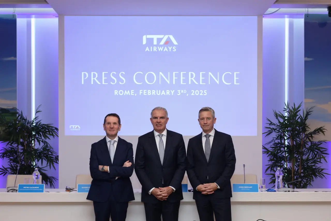 ITA Airways press conference in Rome on February 3, 2025, featuring key executives.