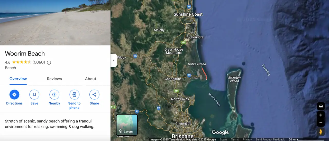 Teen Dies In Shark Attack At Popular Australian Beach 3 Map and overview of Woorim Beach, Queensland, Australia, highlighting its scenic coastline and location on Bribie Island.