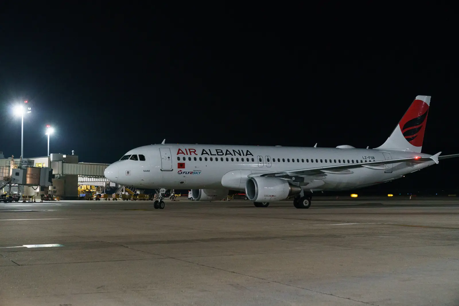 Air Albania Airbus A320 parked at Vienna Airport at night after arrival.